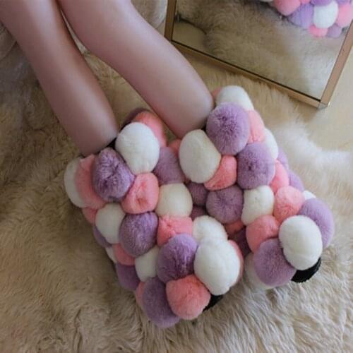 New Women Multi-color Rabbit fur Bobbles Mid calf Snow Boots Ladies Ball Patched Warm Plush Slip on Knight Winter Fur Boots