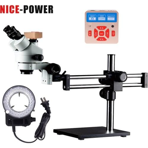 New 7X-45X micro scope Simul-Focal Double Boom Stand Trinocular Stereo Zoom Microscope 28MP HDMI Camera Ring Light Microscopio