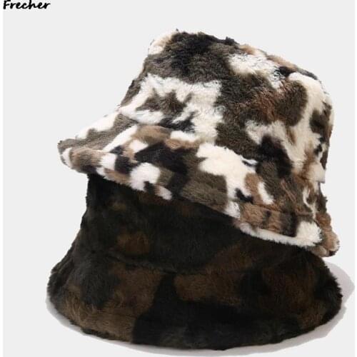 New Fashion Autumn Winter Rabbit Fur Bucket Hat For Women Men Camouflage Plush Fisherman Hat Outdoor Warm Cap Bob Femme