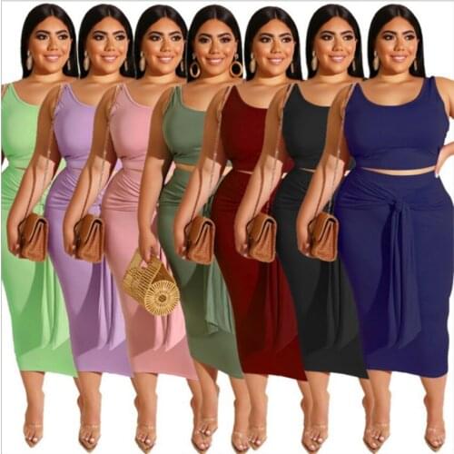 Plus Size Women Fashion O-neck Sleeveless Two Pieces 2021 Summer Crop Tops Lace-up High Waist Mid-Calf Bodycon Skirts Sets