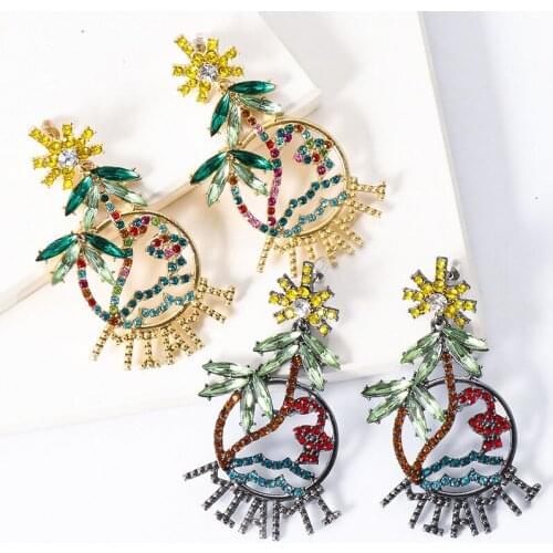 Minar Hyperbole Full Colorful Sparkly Rhinestone Cartoon Coconut Palm Pendant Earrings for Women Ladies Summer Beach Accessories