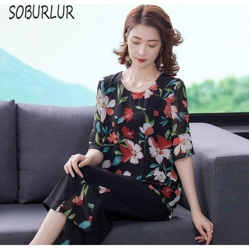 SOBURLUR Summer Womens T shirt Basic Blousas Crop Top Woman Clothes T-shirts Pants Suit Trousers Loose Casual Plussize Tunics