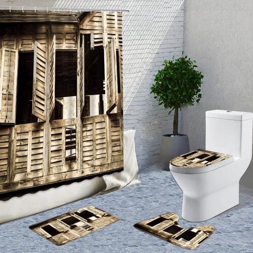 Old Wooden House Shower Curtains Sets 3D Retro Building Wooden Windows Hook Bathroom Curtain Toilet Decor Bath Mats Rugs Carpets