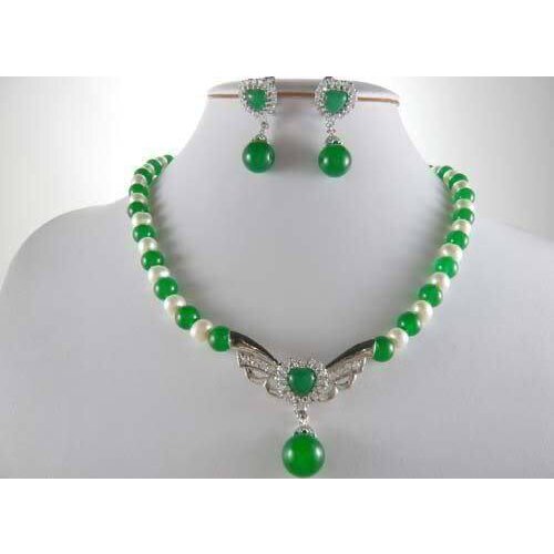 Natural Pearl Jewelry 7-8 White Akoya Pearl&Green Gem Necklace+ Earring 18'' Bridal $ Luxury Girls Wedding-jewelry