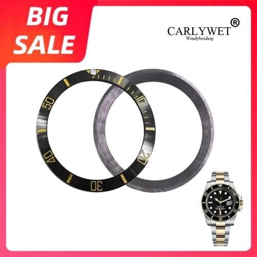 CARLYWET Top Replacement Black With Gold Writings Ceramic Watch Bezel 38mm Insert made for Rolex Submariner GMT 40mm 116610 LN
