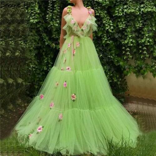 Green Deep-V Handmade Flowers A-Line Evening Dresses 2020 Sleeveless Sexy Tulle Formal Dress Long Serene Hill LA70126