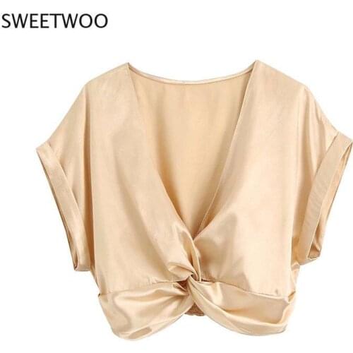 Women Fashion With Knot Cozy Cropped Blouses Vintage Short Turn-up Sleeves Back Elastic Female Shirts Tops