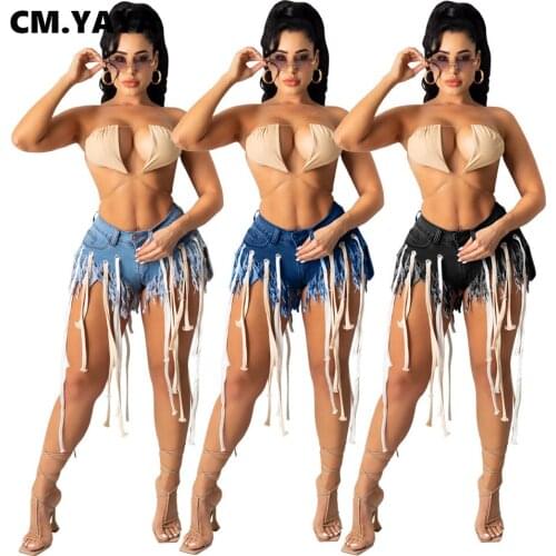 CM.YAYA Women Drawstring Patchwork Tassel Jeans Shorts for Streetwear Fashion Denim Short Pants