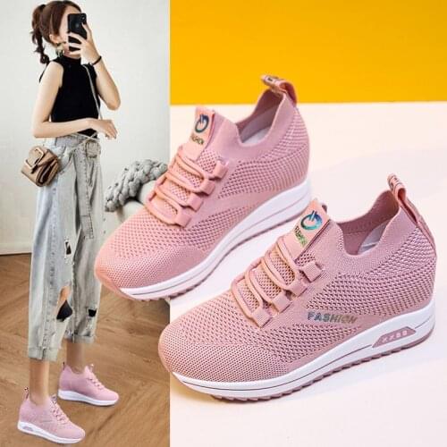 Fashion 2021 Autumn High Platform High Heels Women Thick Sole Shoes 7CM Heels Wedge Sneakers Breathable Mesh Casual Shoes Woman