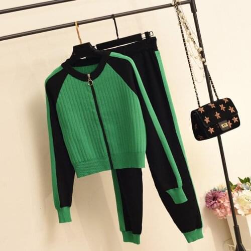 Women 2020 Autumn Fashion Knit 2 Piece Sets Female Patchwork O-neck Sweater Coats Ladies Carrot Harem Pants Sporting Suits Q157