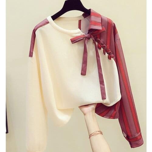 Womens Long Sleeve Drawstring Fake Two-piece irregular Stitching Sptried Sweatshirts Casual Autumn Casual Pullover Tops