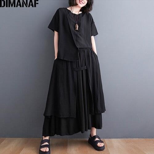DIMANAF 2021 Summer Plus Size Two Pieces Set Suit Women Vinatge Elegant Lady Tops Shirt Pleated Skirt Cotton Female Suit Black