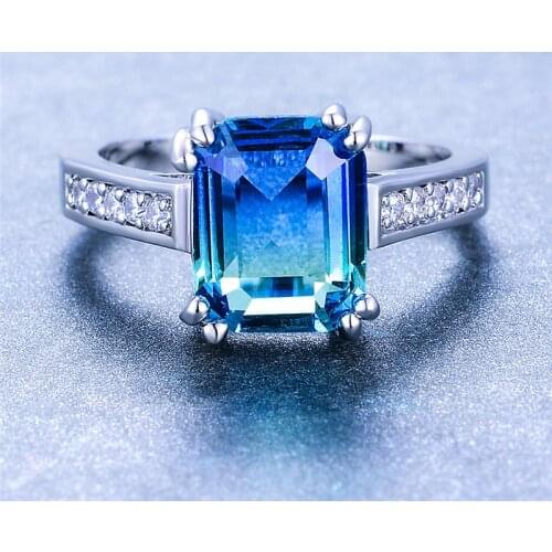 Rectangle Blue Green Crystal Ring Rainbow Gradient Zircon Rings For Women Wedding Engagement Jewelry Female Multicolor Accessory