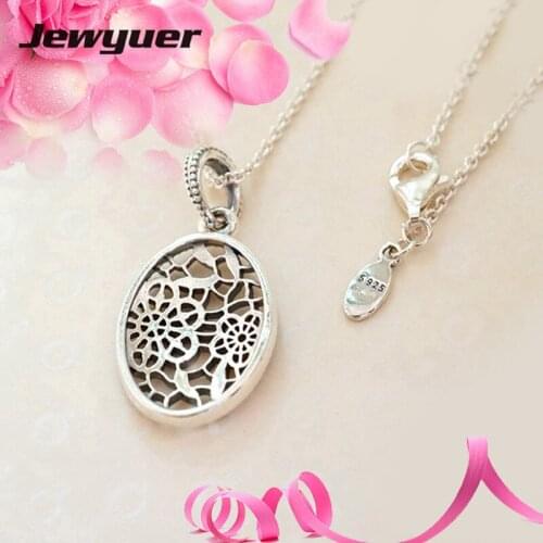 Silver Floral Daisy Lace pendants Necklaces for Women 925 Sterling Silver link chain Necklace Women Fine Jewelry Jewyuer NC017