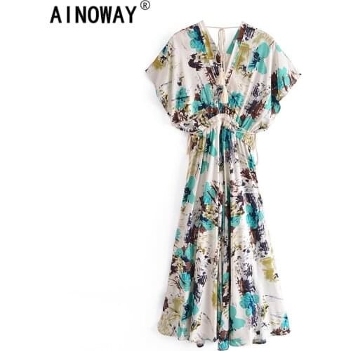 Floral print Women V-neck Batwing Sleeve tassel beach Bohemian maxi dress Ladies loose rayon cotton Summer Boho sundress