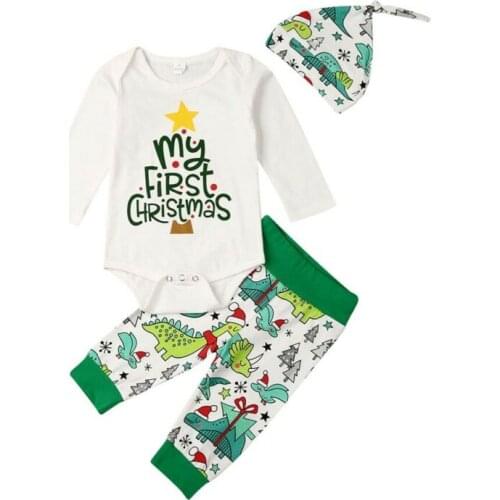 Baby Boy Christmas Clothes Outfit Long Sleeve Letter Bodysuit+Christmas tree Print Pants Trousers Hat 0-18M