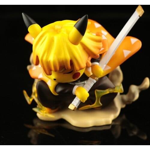 Pikachu Cosplays Agatsuma Zenitsu Action Figures PVC Pokemon Demon Slayer Doll Anime 10cm Model Toys For Kid Collection Gift