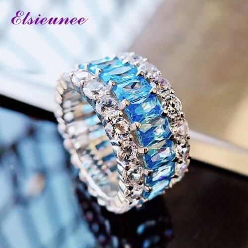 ELSIEUNEE 100% 925 Sterling Silver Aquamarine Simulated Moissanite Gemstone Engagement Ring Women Men Wedding Band Fine Jewelry