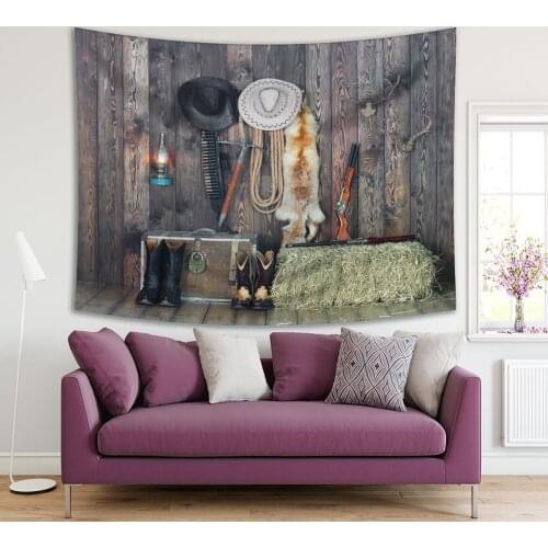 Tapestry Cowboy Hat Boots And Weapons againest Old Wooden Barn Wild West Cowboy Country Life Photo Printed