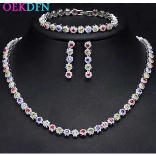 OEKDFN Solid 925 Sterling Silver Jewelry Set Emerald Sapphire Gemstone Necklace/Earrings/Bracelet Cocktail Jewelry Sets
