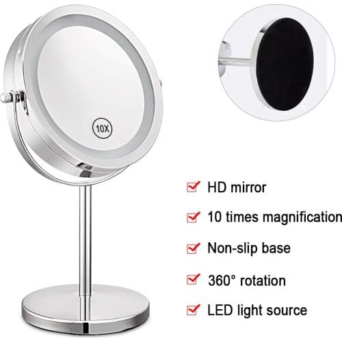 7 Inch 10x Magnification Circular Makeup Mirror Dual 2 Sided Round Shape 17 LEDs Rotating Cosmetic Mirror Stand Magnifier Mirror
