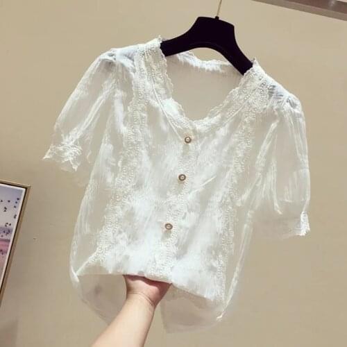 3XL Lace Shirt Womens Korean White Tunic V Neck Buttons Purple Shirt Short-sleeve Blouse 2021 Summer Top Office Chiffon Tops