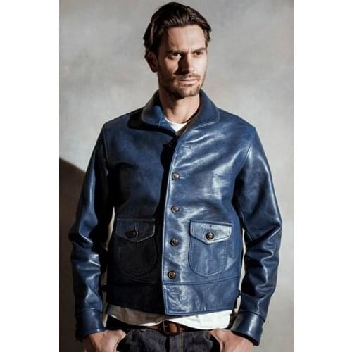 Free shipping,Brand new Genuine leather jacket.mens Indigo vintage style Cossack jacket,classic 1920 Batik cowhide coat,sales