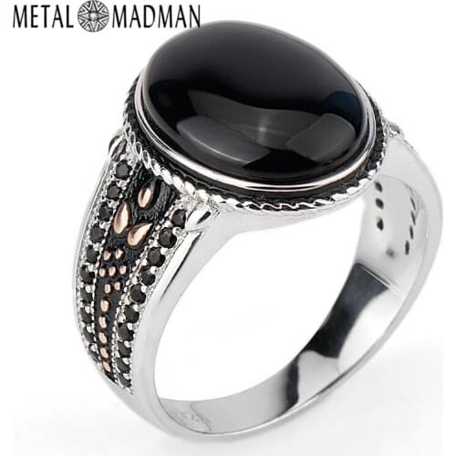 925 Sterling Silver Men Ring Oval Black Agate Stone Pave Setting Black Zircon Punk Ring for Men Wedding Party Fine Jewelry
