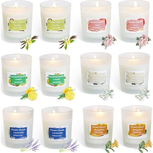 12pcs/set Home Scented Soy Wax Candles Kit Aromatherapy Glass Jar with Wax Scent of Bergamot Lavender Rose Vanilla Lemon Jasmine