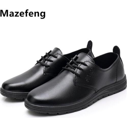 Mazefeng Male Leather Shoes Breathable Round Toe Men Dress Shoes Lace-up Waterproofing Solid Business Leather Shoes Black Flats