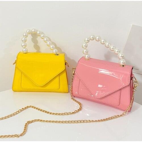 Solid Color Small Crossbody Bags For Women 2021 Bright Pu Leather Square Shoulder Bag Female Pearl Handle Mini Chain Bag