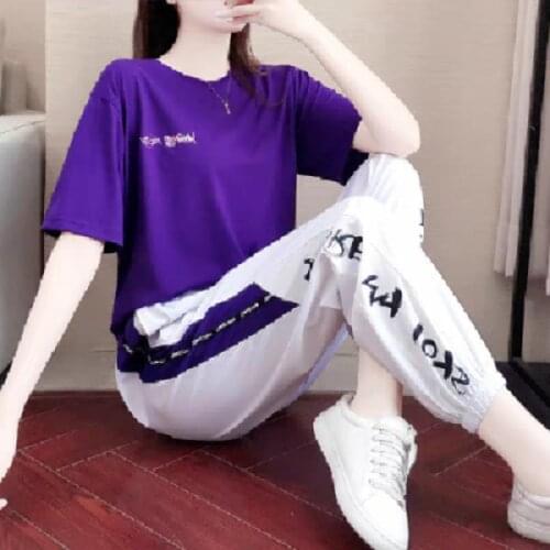 2021 Autumn Korea Style Womens Sportswear Summer Print Short-sleeved Trousers Harem Pants Sports Suit Loose Casual Women Casual