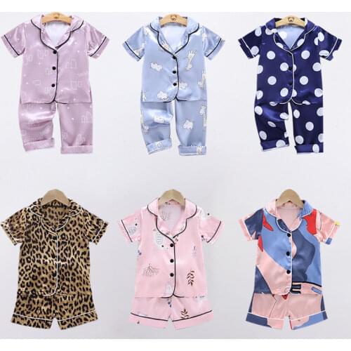 Childrens Pajamas Set Baby Suit Kids Clothes Toddler Boys Girls Ice Silk Satin Cartoon Printing Tops Pants Set Home Wear 0-6Y