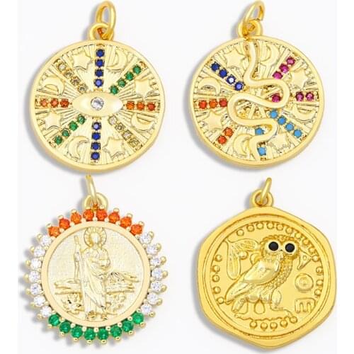 OCESRIO DIY Gold Snake Evil Eye Coin Pendant For Women Owl Pendant CZ Nacklace Pendant Jewelry Making Supplies pdta032