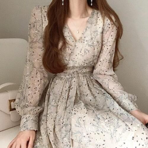 Sannian Women Dress Autumn 2020 New Ink Printing V-neck Lace-up Waist Long-sleeved Chiffon Dresses Women Clothes