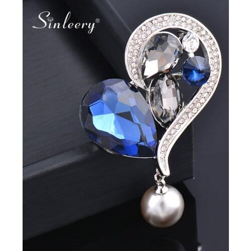 SINLEERY Luxurious Blue Cubic Zircon Big Heart Grey Pearl Brooch Pin Womens Fashion Accessories 2021 XZ191 SSK