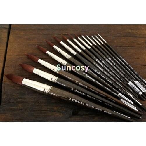 Escoda 1975 Primera Teijin Synthetic Brush - Pointed Round, Long Handle, Stiffer Fibers for Work with Heavier Bodied Paints