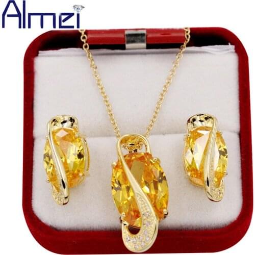 Almei African Beads Wedding Gold Color Wedding Stone Yellow Jewelry Sets Crystal Necklace Pendant Earrings Set for Women Y190
