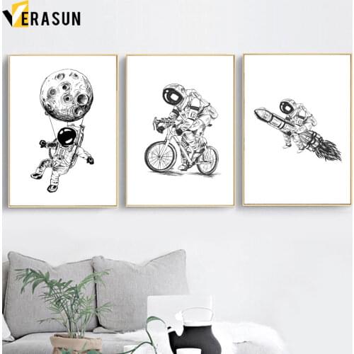 Funny Black White Astronaut Rocket Moon Bicycle Wall Art Print Canvas Painting Nordic Poster Wall Pictures For Living Room Decor