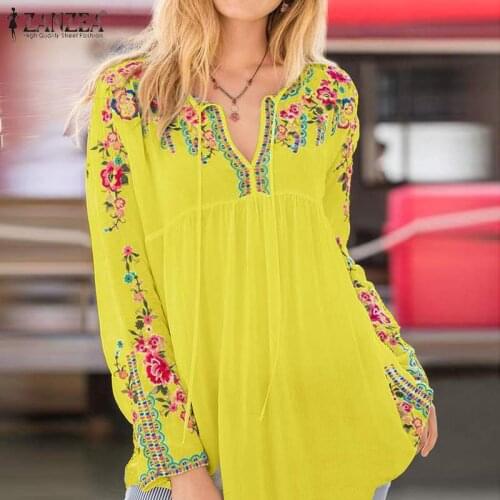 ZANZEA Floral Retro Holiday Shirt Women Long Sleeve Ethnic Printed Blouse Elegant Bohemian Tops Spring Lace Up Chemise Plus Size