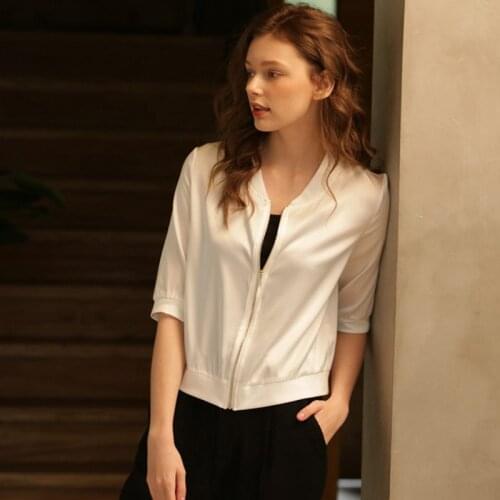 Jacket Women 93% Silk Lightweight Fabric Pink Three-quarter Sleeves 2 Colors Casual Bomber Coat Fashion Style New Fashion 2018