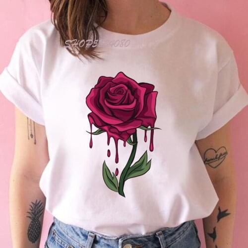 Harajuku Female T Shirt Rose Flower Print Short Sleeve Tshirt Womens Casual Fun T Shirt for Lady Top Tee Hipster Tumblr 2021