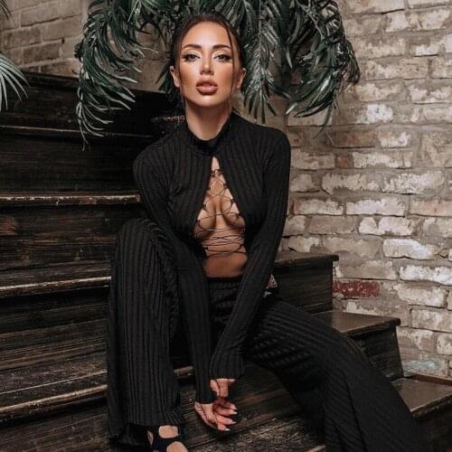 Womens New Fashion High Street Slim Bandage Hollow Sexy Nightclub Navel Slim Black T-shirt Women Long Sleeve