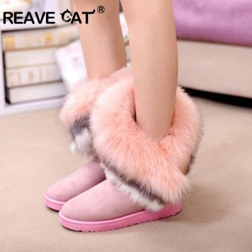 REAVE CAT Women Flats Ankle Snow Boots Fur Boots Winter Warm Snow zapatos woman Round Toe Female Flock Leather botas size 36-40