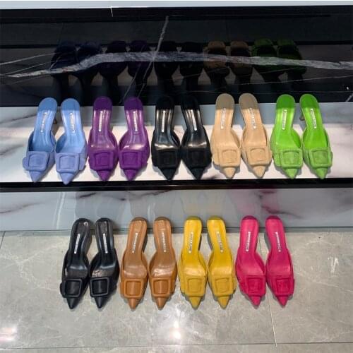 2021 Spring and Autumn new leather mules shallow mouth pointed toe square buckle half drag stiletto heel womens elegant shoes