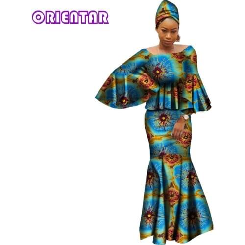 African Skirts Set for Women African Print Outfits 3 Pieces Set Blouse and Long Skirts Headscarf Baize Riche Skirts Suit WY2809