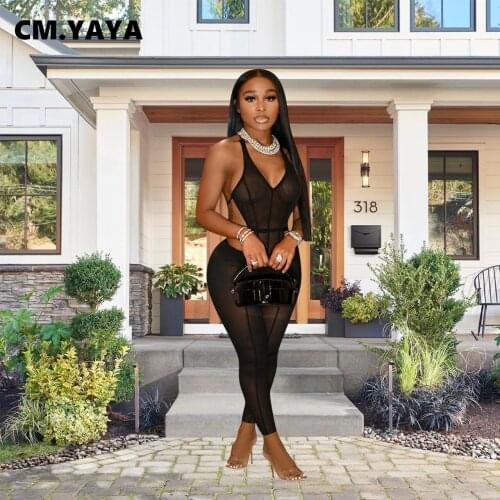 CM.YAYA Women Jumpsuit Solid Mesh See-through Halter Backless Sleeveless Pencil Jumpsuits Sexy Fashion Night Clubwear Summer