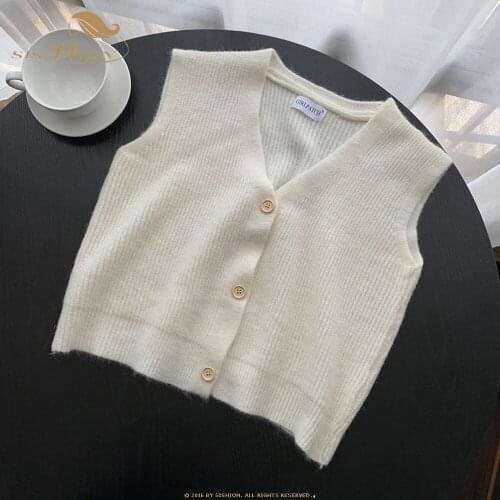 White Vest Knitted Top Female SP1183 Vintage Single-breasted V-Neck Casual Sweater Pullovers 2021 New Women Clothings
