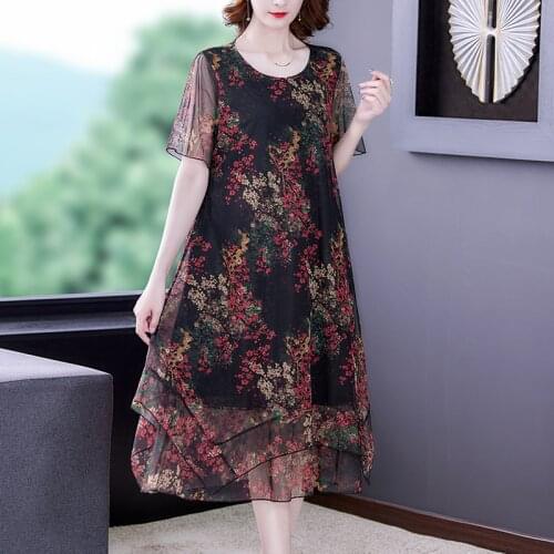 2021 Vintage Loose 4XL Plus Size Dress Summer Casual Floral Chiffon Beach Midi Dress Bodycon Elegant Women Print Party Vestidos