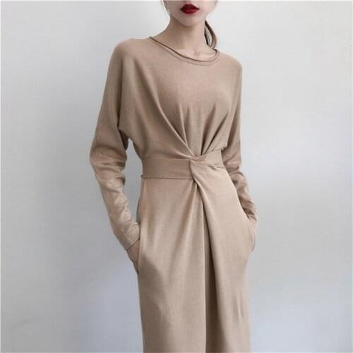 MUMUZI Women Long Sleeve Split Knitted A-line Midi Dress High Waist Lace Up Female New Year Dresses 2020 Spring O-Neck Clothes